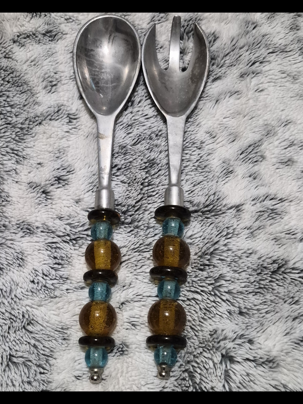 MCM Glass-Beaded Salad Serving Set in Amber and Teal